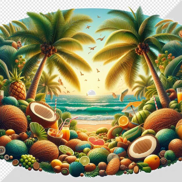 PSD une photo de noix de coco et de noix sur une plage