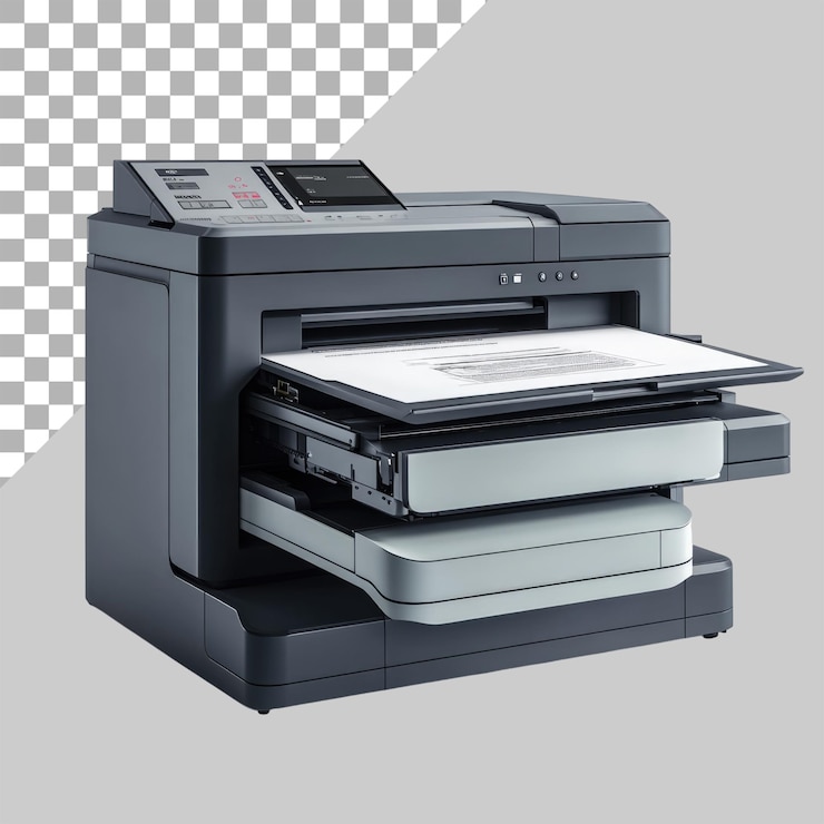 PSD photo of a large gray office printer with an open drawer on a white background transparent