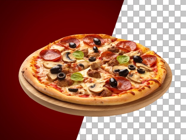 PSD une photo d'une pizza avec un fond rouge et transparent et une olive noire dessus