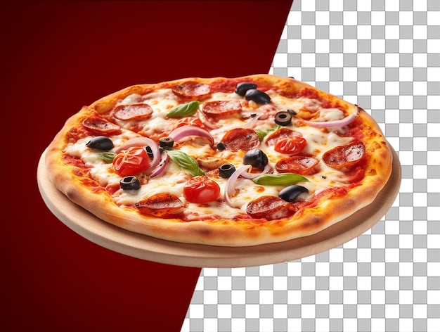 Une photo d'une pizza avec un fond transparent et une olive noire dessus