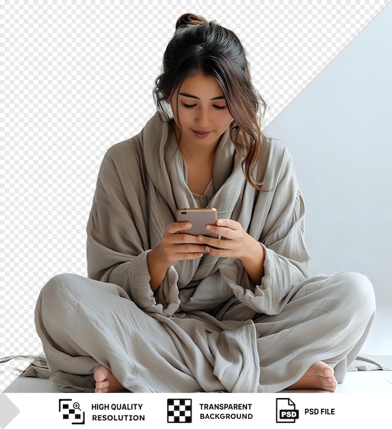 photo psd femme assise sur le sol du bureau regardant son smartphone avec les pieds nus et les longs cheveux bruns contre un mur blanc avec une main visible au premier plan png