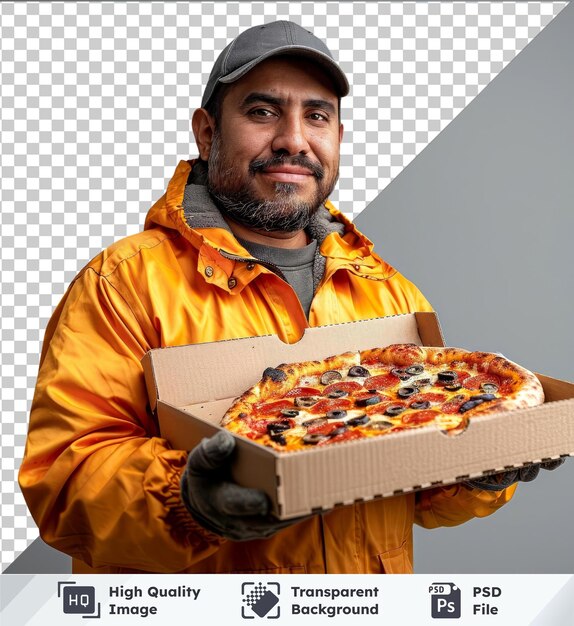 PSD photo psd d'un homme de livraison avec une pizza contre un mur gris portant une veste jaune et des gants