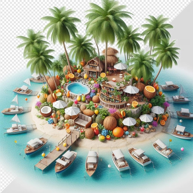 PSD une photo d'une station balnéaire avec des palmiers et des bateaux