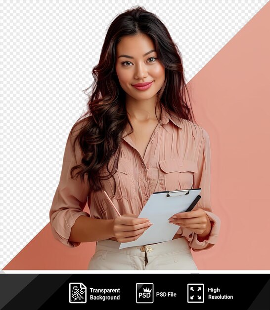 Photo De Studio Transparente Isolée D'une Femme D'affaires Latine Prenant Des Notes Sur Un Bloc-notes Alors Qu'elle Se Tient Devant Un Mur Rose Elle Porte Une Chemise Rose Et Un Pantalon Khaki Et A Un Long Png Psd