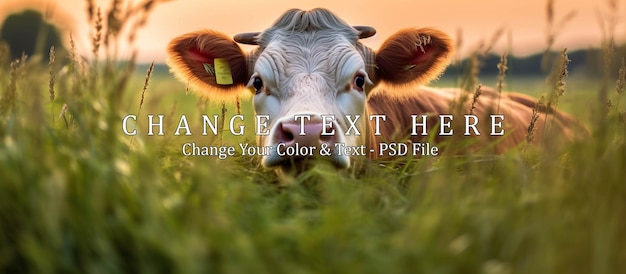 PSD photo d'une vache qui détourne et derrière elle avec un fond flou et l'herbe verte a également une lumière étincelante