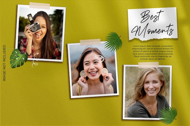 Photoframe set moodboard mockup com sombra e ornamentos