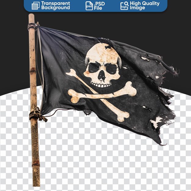 PSD photographie d'un drapeau de pirate jeté par le vent avec un crâne et des os.