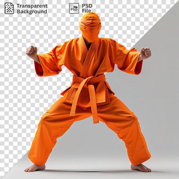 PSD photographie réaliste d'entraînement d'arts martiaux de maîtres de judo capturé en action avec des pieds nus pantalon orange et une sangle noire avec une main visible au premier plan