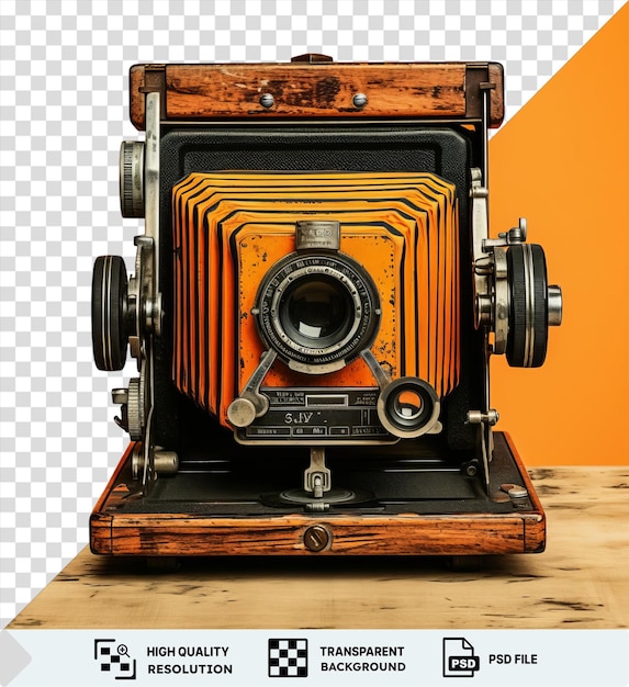 PSD photographies réalistes isolées xylographes gravure sur bois d'un ancien appareil photo sur une table en bois avec une roue noire visible en arrière-plan png