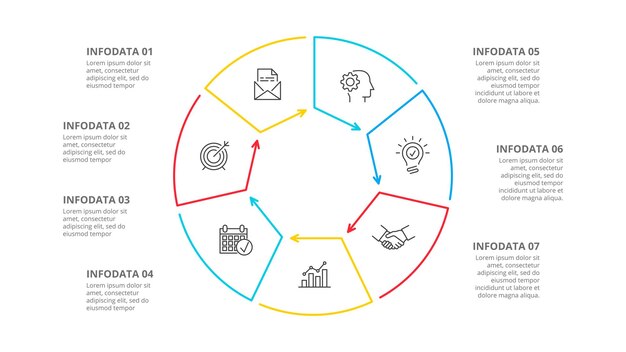 PSD photoshop-diagramm aus dünnen linien mit einem heptagon im inneren infografik mit 7 optionen schritte oder prozesse