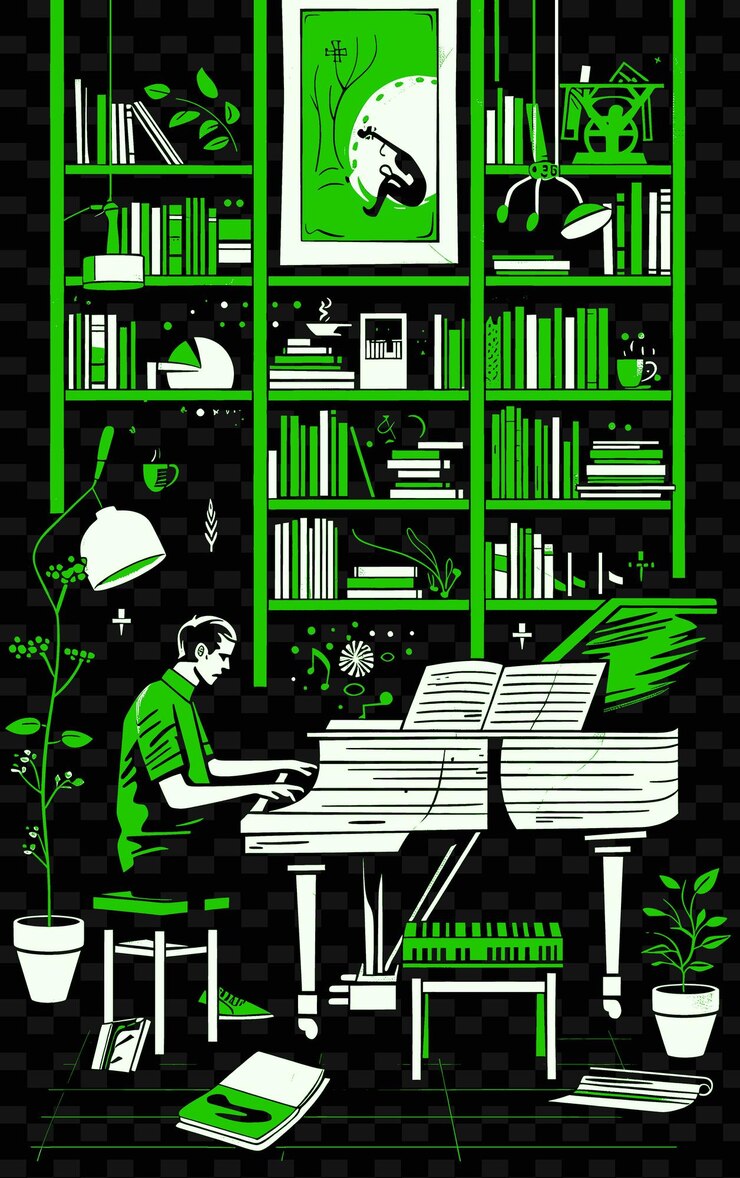 PSD pianista en una acogedora cafetería con libros y decoración vintage p ilustración diseños de carteles de música