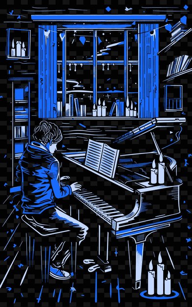 PSD pianista en una acogedora habitación débilmente iluminada con velas y libros post ilustración diseños de carteles de música