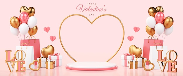 Piattaforma del podio di San Valentino con materiale rosa e oro per lo sfondo del volantino nel rendering 3D