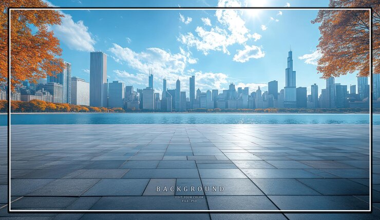 Piattaforma vuota di cemento con vista su uno skyline della città moderna e un lago in primo piano