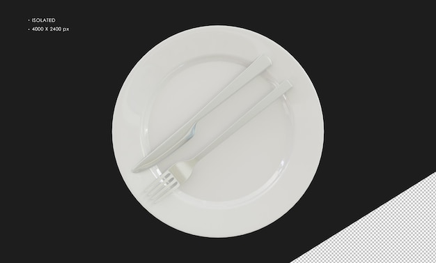Piatto bianco isolato con forchetta e coltello d'argento nel mezzo