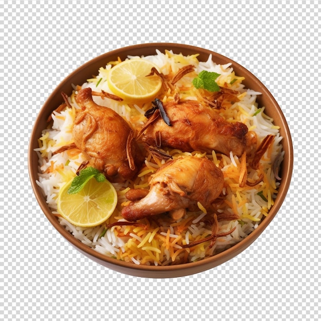 piatto di cibo con pollo e riso o biryani