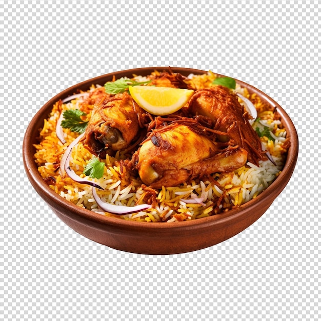 piatto di cibo con pollo e riso o biryani