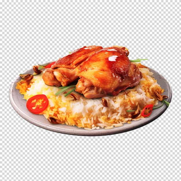 piatto di cibo con pollo e riso o biryani