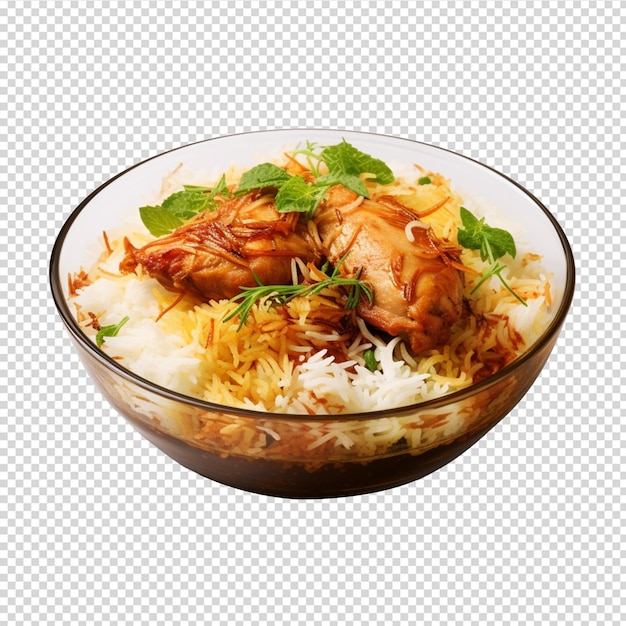piatto di cibo con pollo e riso o biryani