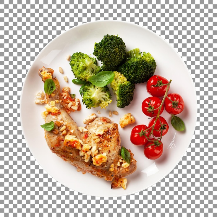 PSD piatto di cosce di pollo al forno con broccoli e pomodori su sfondo trasparente