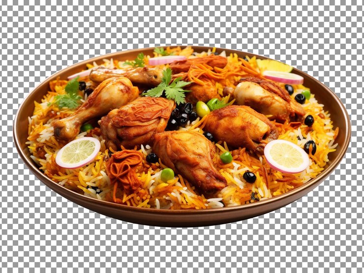 PSD piatto di gustoso biryani di pollo con pezzi di gamba e fette di verdure su sfondo trasparente