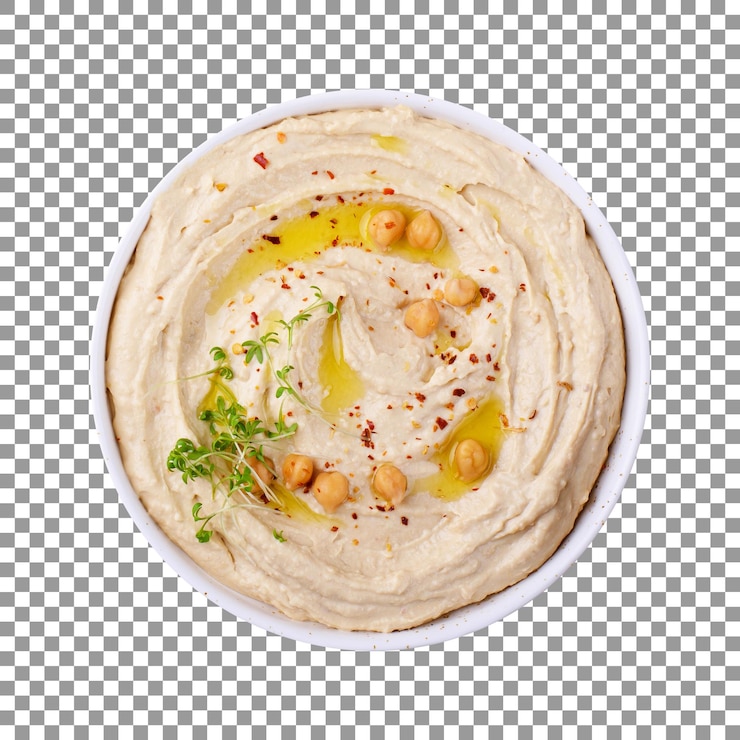 PSD piatto di hummus con olio d'oliva isolato su sfondo trasparente