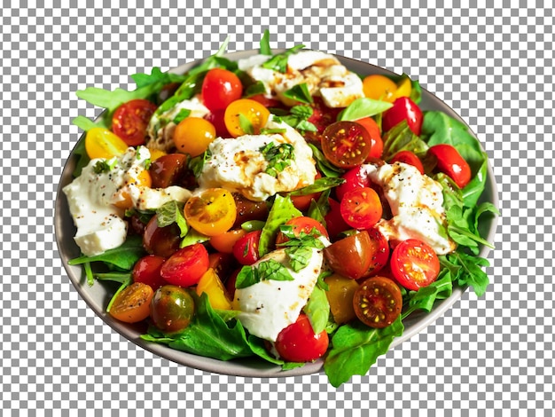 Piatto di insalata con pomodoro e formaggio su sfondo trasparente