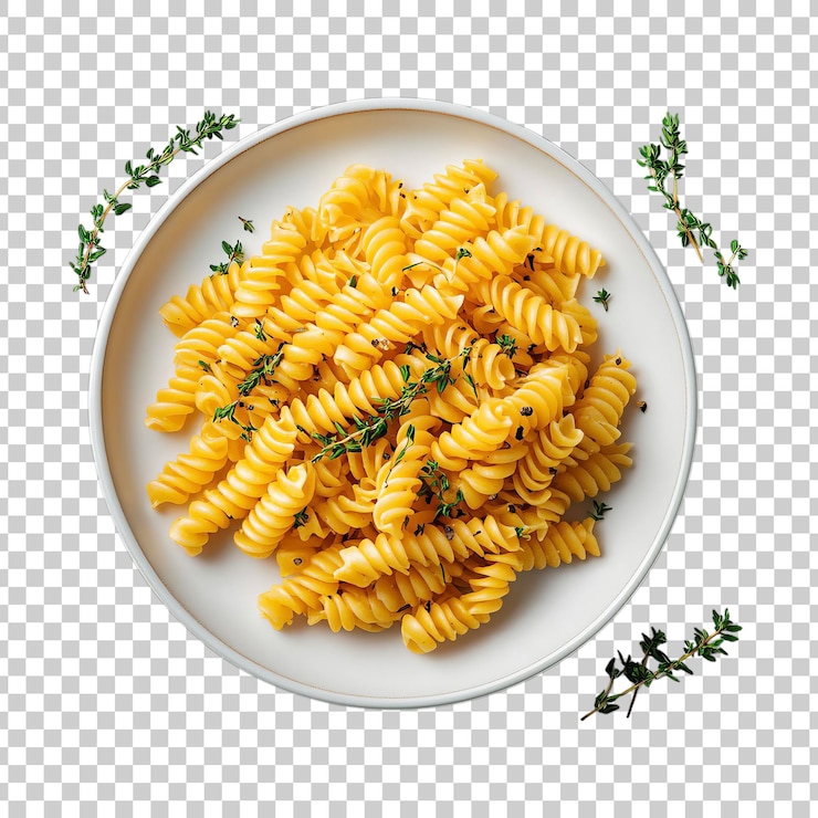 PSD piatto di pasta di fusilli cotta guarnita con timo fresco su sfondo trasparente