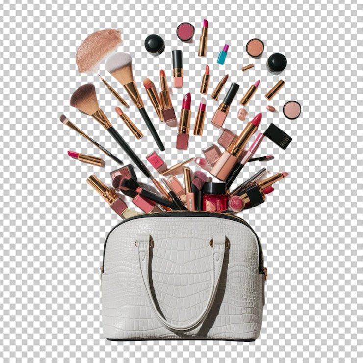 PSD piatto di una borsa di trucco aperta con vari prodotti di bellezza che si riversano isolati su trasparente