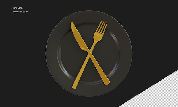 Piatto nero isolato con forchetta d'oro e croce di coltello nel mezzo
