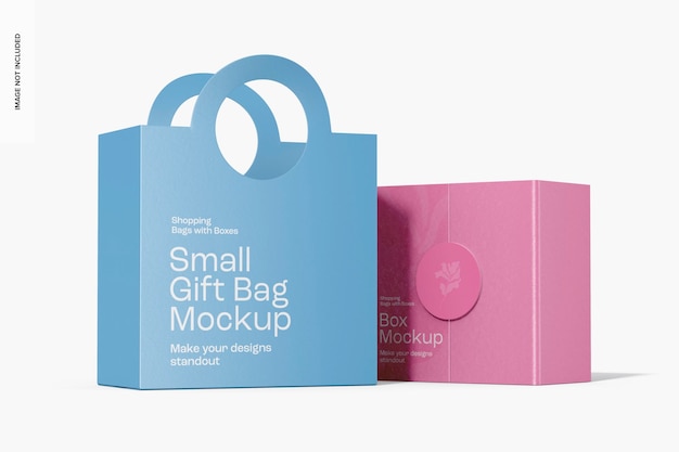 Piccola borsa regalo e mockup di scatola, vista laterale