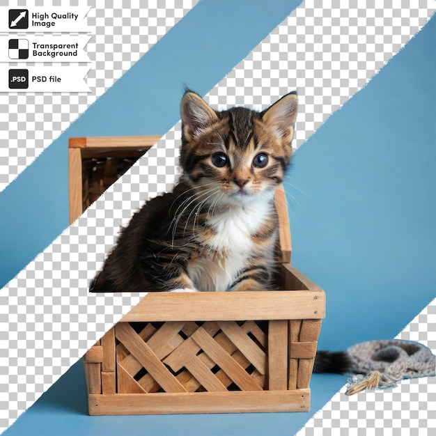 Piccolo gattino PSD in un cesto su sfondo trasparente con strato di maschera modificabile