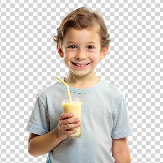 Piccolo ragazzo carino che beve un frullato e sorride isolato su uno sfondo trasparente