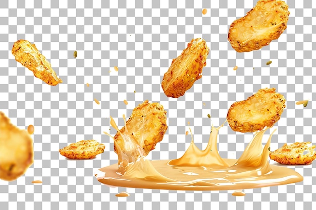 Pickles fritos volando con manchas de rancho y eneldo en un fondo transparente