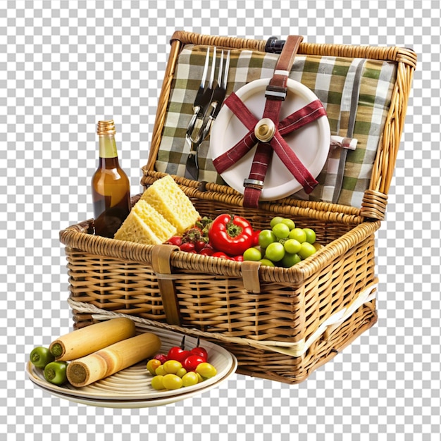 PSD picknickkorb aus holz mit geschirr, speisen und getränken picknick-set 3d-rendering auf durchsichtigem hintergrund