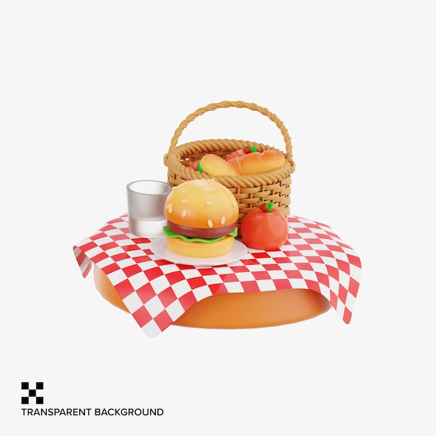 Picknicktisch mit Hamburger, Tomate und Korb in 3D