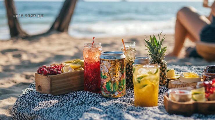 PSD picnic na praia com bebidas coloridas, frutas e lanches