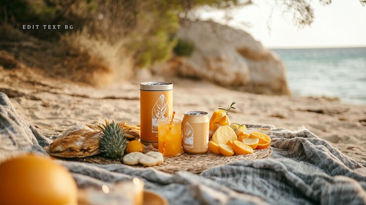 PSD picnic na praia com sumo de laranja e lanches em recipientes reutilizáveis