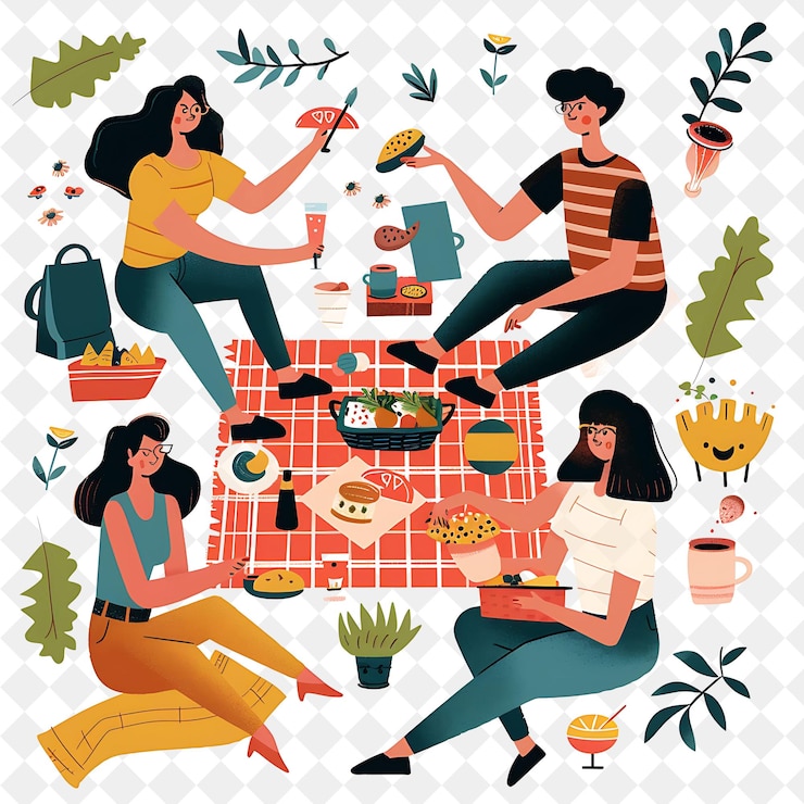 PSD picnic de primavera con amigos disfrutando de comida y juegos diseño es png festival ilustración de arte plano 2d