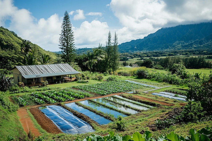 PSD picturesque rural farm landscape with vegetable gardens irrigation channels and a farmhouse nestled in a valley under a partly cloudy sky