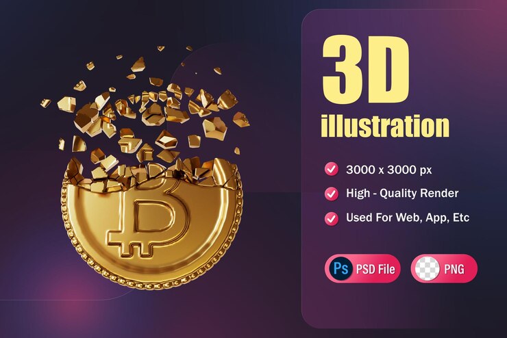 pièce de monnaie crypto de rendu 3d cassée pour l'application infographique de l'application web