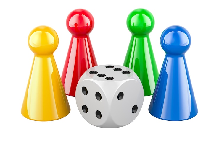 PSD des pièces de jeu de société colorées avec un rendu 3d des dés isolées sur un fond transparent