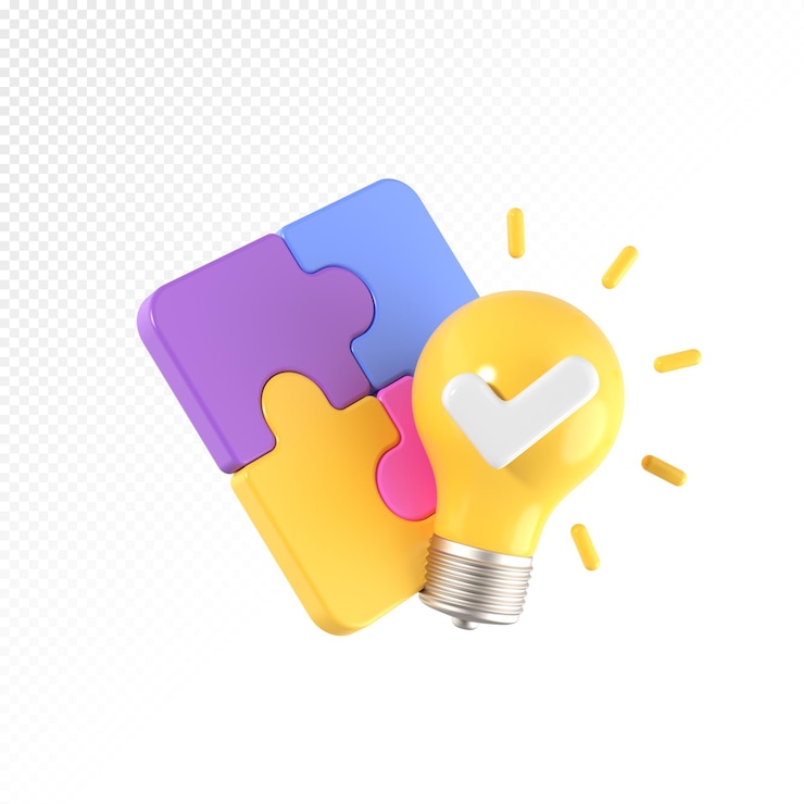 PSD pièces de puzzle 3d avec ampoule succès commercial idées et solutions marketing