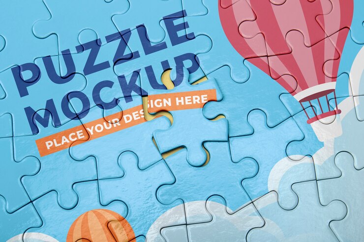PSD pièces de puzzle avec montgolfière et nuages