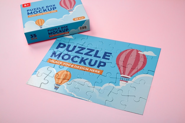 PSD pièces de puzzle avec montgolfière et nuages