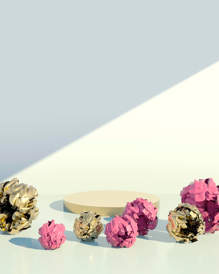 PSD piédestal pour une marque de cosmétiques avec des pivoines en rendu 3d