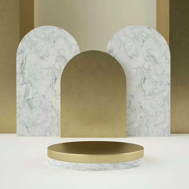 piedistallo prodotto in oro bianco pulito, montatura in oro, lavagna commemorativa, concetto minimo astratto, spazio vuoto, design pulito, lusso. Rendering 3d
