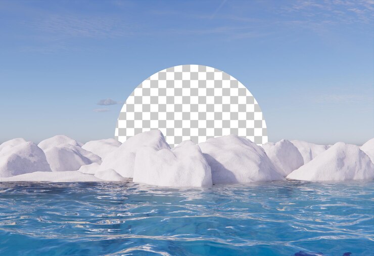 PSD piedra de acantilado de nieve con renderizado 3d de escena de agua
