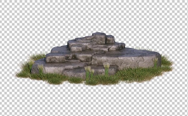 PSD piedra isométrica con renderizado 3d de arbusto de hierba