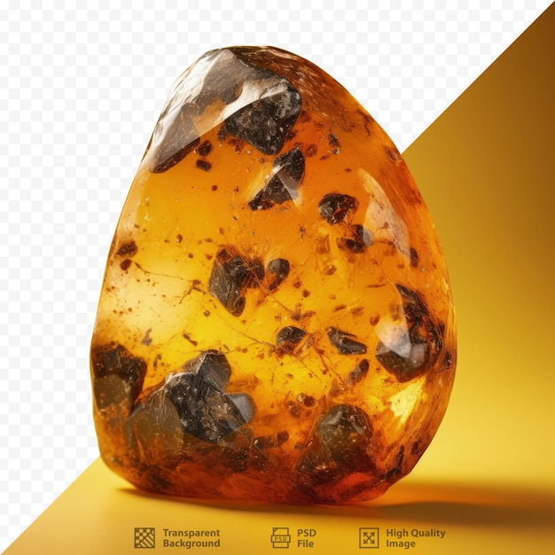Una piedra de un joyero formada a partir de antigua resina congelada representada en primer plano en un fondo transparente con un color amarillo brillante y manchas negras